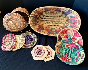 lot 219 image: Vintage Handwoven Coiled Multi-Color Baskets, Coasters and Trivets