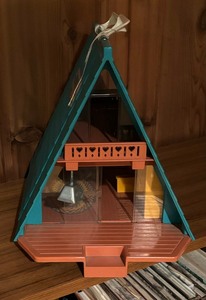 lot 411 image: Vintage Fisher Price Play Family Village, A-Frame House and Bus