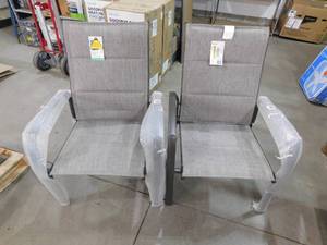 lot 56 image: (2) Stationary Stackable Steel Sling Oversized Outdoor Patio Dining Chair in Riverbed Taupe