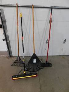 lot 24 image: Long Handle Tool Lot, Rake, Broom , Brush