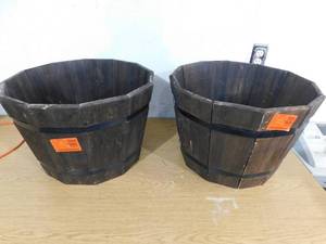 lot 26 image: (2) Vigoro 20 in. Orinda Large Black Wood Barrel Planter (20 in. D x 13 in. H)