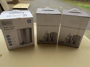 lot 13 image: Mixed Lot of Bathroom Accessory Sets and Black 7 Decker Soft Close Pedal Bin