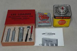lot 105 image: Assorted Reloading - Shotgun Loader Set, Partial Can of Powder