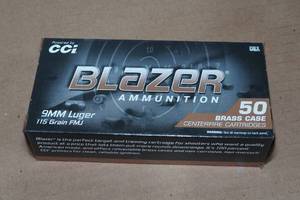 lot 121 image: 50 CCI Blazer Brass 9mm Luger 115 Gr FMJ Ammo