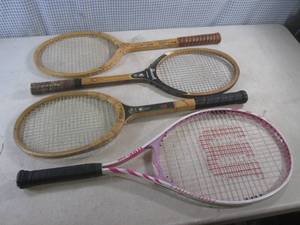 lot 250 image: (F-0) 3 Vintage Wood Tennis Rackets and Wilson Triumph Racket