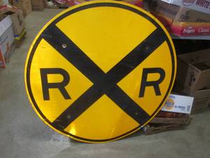 lot 2 image: (BR1) Retired R R Train Crossing Road Sign - 36 Round - Is Bent Some