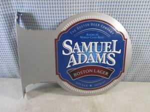 lot 65 image: (EC1) Samual Adams Boston Lager and Light Double Sided Metal Sign with Mount Bracket - 13 12 x 17 12