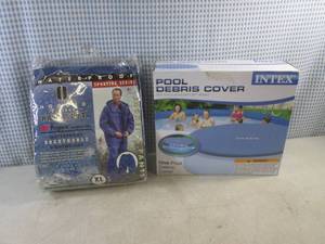 lot 69 image: (D-2) Water Proof Sporting Series 2pc Rain Suit and Intex Pool Debris Cover for 12 Ft Pools