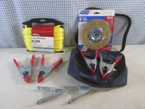 lot 90 image: (BS) 14 x 100 Ft Poly Twist Rope, 6 Wire Wheel and Spring Clamps
