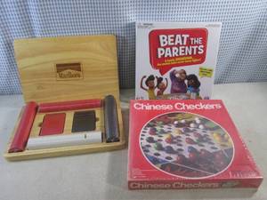 lot 98 image: (EW3) Marlboro Pocker Set in Wood Box 2 Decks of Cards and Poker Chips Are Sealed, Beat The Parents and Chinese Checkers Games Are Both Sealed