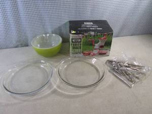 lot 116 image: (A-2) Fruit & Tomato Press, Fire King Bowl with Lid, 2 Anchor Pie Plates and Nut Crackers
