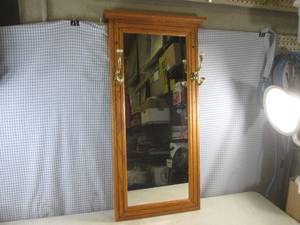 lot 141 image: (BR3) Wood Frame Wall Mirror with Coat Hooks 16 x 35