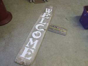 lot 142 image: (RMWS) Large Weathered Wood Welcome  Peace Sign Double Sided 12 x 72 and Small Weathered Wood 2-Place Coat Hanger 15 34 x 7