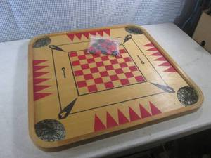 lot 334 image: (FS) Vintage Carrom Wood Game Board Double Sided with Game Pieces 26 14 x 26 14