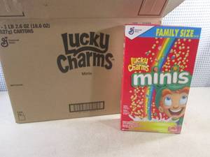 lot 361 image: (EC2) Case 7 Family Size Boxes Lucky Charms Minis Cereal 18.6oz Best by March 2024