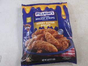 lot 400 image: (FRZ) 3 Pound Bag Frozen Chicken Breast Strips Fritter Style Honey Butter Biscuit Flavor Past Date