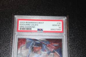 lot 11 image: 2023 Bowmans Best Mini Diamond Refractor Edouard Julien #36 Rookie Card PSA 10 179299  Only 299 Exist