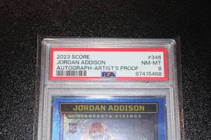 lot 13 image: 2023 Score Artist Proof Jordan Addison Autograph #346 Rookie Card PSA 8 135  Only 35 Exist
