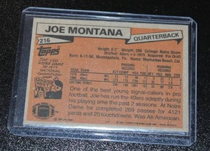 lot 97 image: 1981 Topps Joe Montana #216 Rookie Card  Sharp CornersOff Center