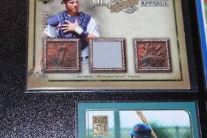 lot 100 image: Joe Mauer & Justin Morneau Baseball Card Lot  4 Cards Mauer Relic Has Crease