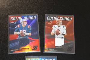 lot 106 image: 2023 Zenith Color Guard Jersey Relic Joe Burrow - Mac Jones - Austin Ekeler