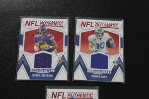 lot 107 image: 2023 Rookies & Stars NFL Authentic Jersey Relic Justin Jefferson - Cooper Kupp - Kenneth Walker