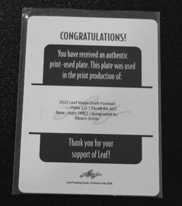 lot 111 image: 2022 Leaf Metal Draft Abram Smith Printing Plate Autograph 11  Only 1 Exist