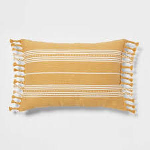 lot 73 image: Set of 2 Oblong Woven Stripe Braided Fringe Decorative Throw Pillow Dark Gold - Threshold