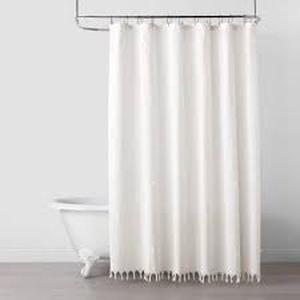 lot 114 image: Clip Stitch Knotted Fringe Woven Shower Curtain Sour Cream - Hearth & Hand with Magnolia