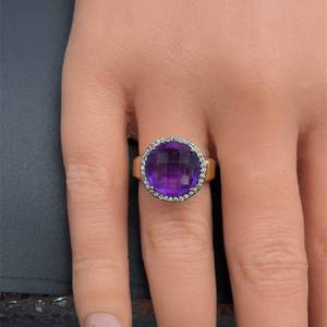 Statement Round Checkerboard Amethyst & Diamond Halo Cluster Ring in 14k Yellow Gold VIDEO
