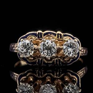 Vintage Estate 1.50 Carat Natural Diamond Vintage Three-Stone &amp Enamel Raised Crown Ring in 14k Yellow Gold $4,500 Retail VIDEO