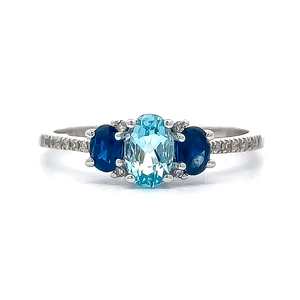 BRAND NEW Aquamarine & Sapphire Three-Stone Pave Diamond Ring in 14k White Gold VIDEO