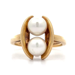 Double White Pearl Curved Nouveau Bezel Ring in Yellow Gold