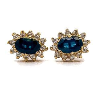 Oval Blue Sapphire & Diamond Halo Cluster Estate Earrings in 14k Yellow Gold VIDEO