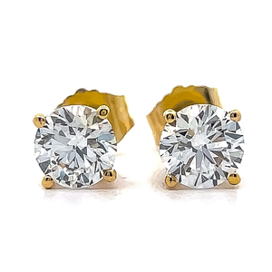1 Carat Round Brilliant Cut Diamond Solitaire Stud Earrings in 14k Yellow Gold VIDEO