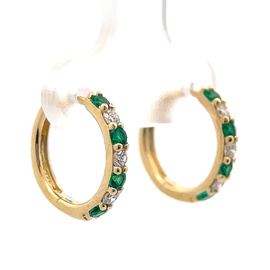 Diamond & Emerald Thin Huggie Hoop Earrings in Yellow Gold VIDEO