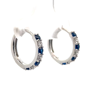 Diamond & Blue Sapphire Slim Huggie Hoop Earrings in White Gold VIDEO