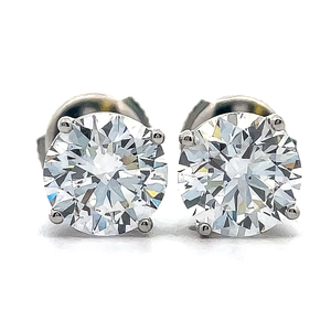 3.70 Carat Diamond Round Brilliant IDEAL Cut Four-Prong Stud Earrings in Platinum w IGI Reports $5900 Retail VIDEO