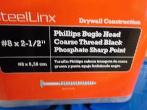 lot 168 image: Steel Linx 6 each 5 lb. Packaged Fasteners #8 x 2 12 Phillips Bugle Head Coarse Thread Black Phosphate Sharp Point