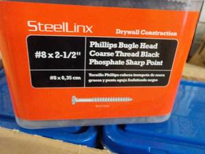 lot 169 image: Steel Linx 6 each 5 lb. Packaged Fasteners #8 x 2 12 Phillips Bugle Head Coarse Thread Black Phosphate Sharp Point