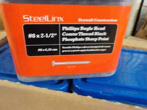 lot 171 image: Steel Linx 6 each 5 lb. Packaged Fasteners #8 x 2 12 Phillips Bugle Head Coarse Thread Black Phosphate Sharp Point