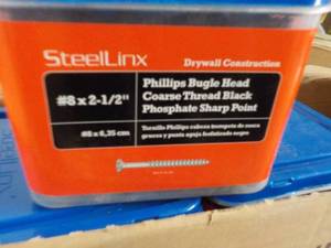 lot 174 image: Steel Linx 6 each 5 lb. Packaged Fasteners #8 x 2 12 Phillips Bugle Head Coarse Thread Black Phosphate Sharp Point