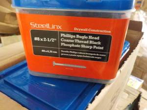 lot 175 image: Steel Linx 6 each 5 lb. Packaged Fasteners #8 x 2 12 Phillips Bugle Head Coarse Thread Black Phosphate Sharp Point