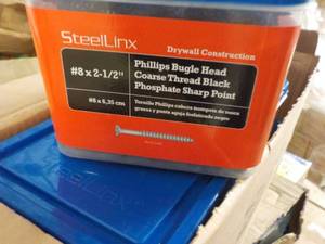lot 176 image: Steel Linx 6 each 5 lb. Packaged Fasteners #8 x 2 12 Phillips Bugle Head Coarse Thread Black Phosphate Sharp Point