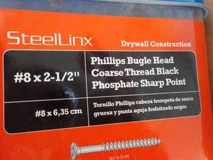 lot 167 image: Steel Linx 6 each 5 lb. Packaged Fasteners #8 x 2 12 Phillips Bugle Head Coarse Thread Black Phosphate Sharp Point