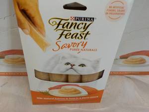lot 45 image: 30 x 4 packs Natural Salmon and Tuna in a Demi Glaze Purina Fancy Feast Savory Cat Treats retail $3 each
