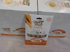 lot 47 image: 30 x 4 packs Natural Salmon and Tuna in a Demi Glaze Purina Fancy Feast Savory Cat Treats retail $3 each