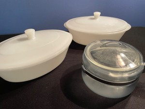 lot 80 image: Vintage USA Glassbake Oval Casserole Dishes & Pyrex Glass Boiler