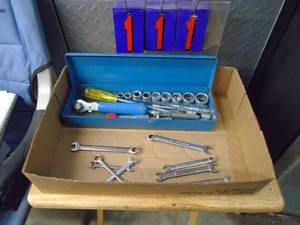 Flat of vintage socket set & Craftsman wrenches. As shown.