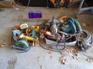 Misc pile of Dewalt, Rigid, Milwaukee tools. As is. As shown.